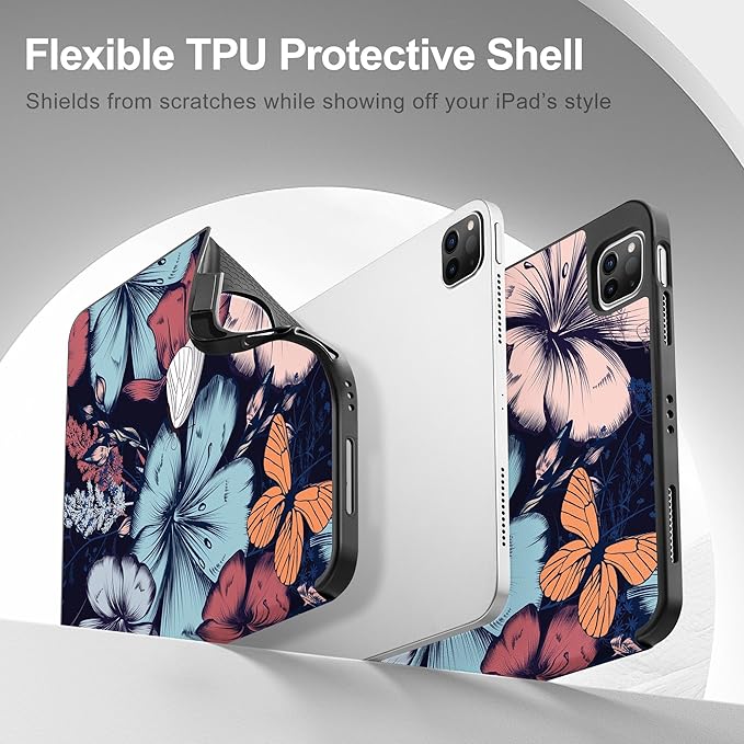May Chen Case for iPad Pro 11 inch (4th, 3rd, 2nd & 1st Gen) 2022 2021 2020 2018, Trifold Stand + Pencil Holder + Auto Wake/Sleep + Soft TPU Protective Stand Back Cover, Flowers & Butterflies