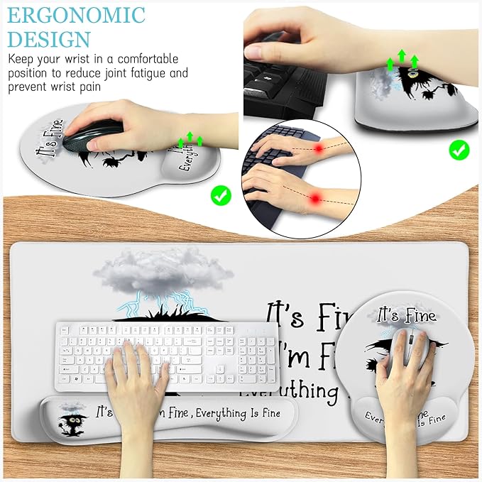 LIMKRIAN Desk Mat Set, Large Gaming Mouse Pad with Wrist Rest, Ergonomic Mouse Pad Keyboard Mat Wrist Support, Cup Coaster, Home Office Desk Accessories Decor Supplies, Funny Black Cat