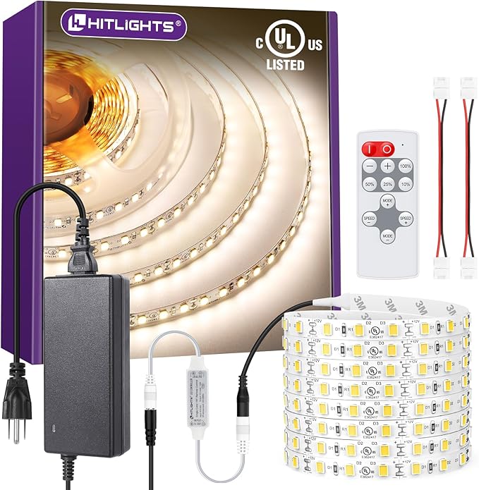 HitLights White LED Strip Lights Kit with Remote & 12V Power Supply, 16.4ft High Density Dimmable Tape Light 4000K, 600 LEDs, 300Lm/ft, UL Listed, Flexible Rope Lights for Bedroom, Kitchen, Cabinet