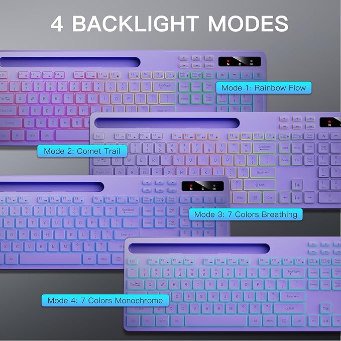 Soueto Wireless Keyboard with 7-Color RGB Backlit, Full-Size Computer Keyboard with Phone Tablet Holder, 2.4G Rechargeable Gaming Keyboard with Light Up Keys, Compatible with Mac, Windows (Purple)