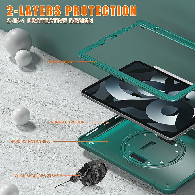 Batianda Case for iPad Pro 11-inch 2022 4th M2 Chip /2021 (3rd Generation) Heavy Duty Rugged Shockproof Tablet Cover with 360° Rotating Hand Strap Foldable Hidden Stand & Shoulder Strap, Teal