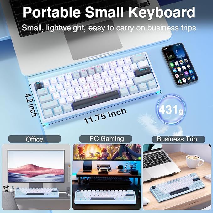 SOLAKAKA SK961 Wireless Mechanical Keyboard with RGB Backlight,Tri-Mode BT5.0/Wired/2.4GHz 60 Percent Wireless Gaming Keyboard,Red Switch