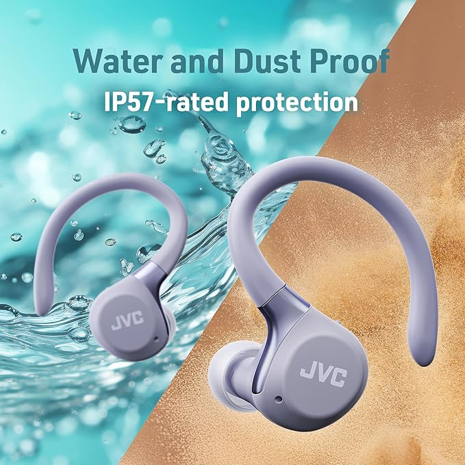JVC Fitness Series True Wireless Sport Earbuds with Adjustable Hooks, Active Noise Cancelling, Ambient Sound Mode, IP57 Waterproof, 40hr Long Battery Life, App EQ, Low Latency, Mic HAEC75TV Violet