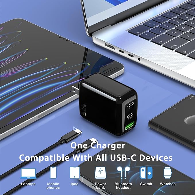 67W USB C Wall Charger, 3-Port GaN Fast Charger Block,Replacement for MacBook Pro/Air, iPad, iPhone 15/14/Pro, Galaxy, Pixel, Apple Watch and More
