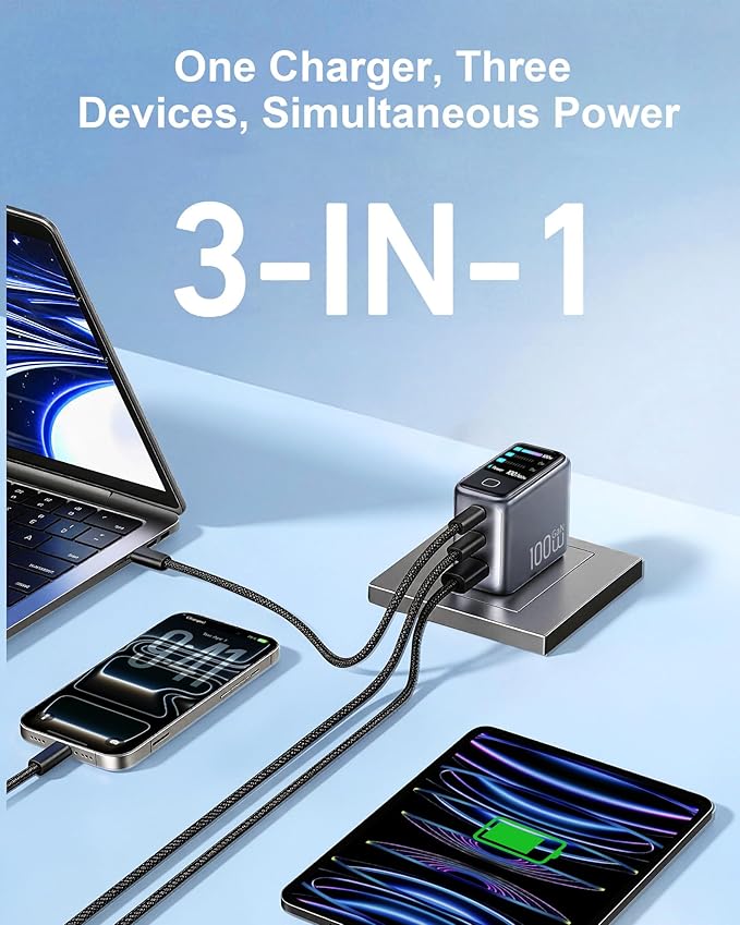 100W USB C Charger Block,3-Port PD PPS GaN Compact Foldable Plug,Smart Display Touch Control,Fast Charger with 5ft Cable for MacBook Pro/Air, iPad Pro, iPhone 17/16/15 Series,Pixel 9/8 Series,Laptop
