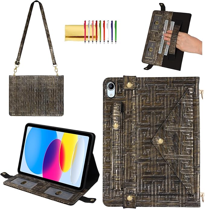 Handbag Case for iPad A16 11th/10th Generation (2025/2022) 11-inch - Techcircle Vintage Maze Pattern Crossbody Folio Stand Cover w/Pencil Holder, Card Slots, Hand Strap, Shoulder Strap, Retro Bronze