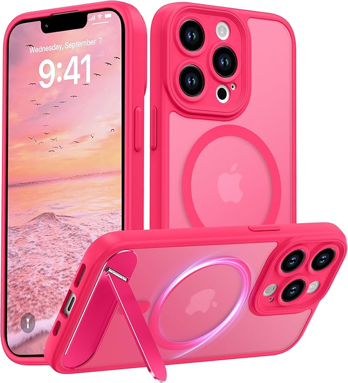 Magnetic Compatible with iPhone 13 Pro Case, [Built-in Kickstand][Full Camera Protection][Compatible with MagSafe][Anti-Fingerprint] Shockproof Phone Case for iPhone 13 Pro 6.1",Hot Pink
