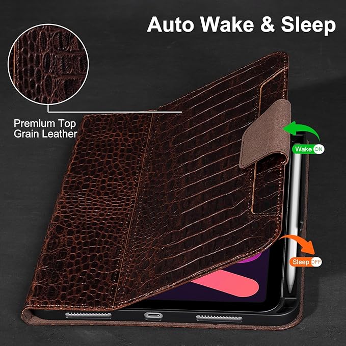 Gexmil Premium Leather Case for iPad mini 7 (A17 Pro) 2024 / iPad mini 6 Generation 2021 8.3 Inch,Pencil Holder, Magnetic Closure,Shockproof Cowhide Cover,Adjustable Stand,Brown Crocodile