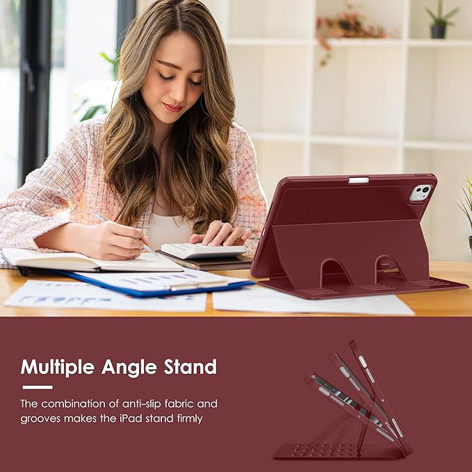VIKESI Case for iPad Pro 11 inch (M5/M4) 2025/2024,Multiple Angles Magnetic Stand Cover,Shockproof Back,Pencil Holder,and Auto Sleep/Wake,Wine