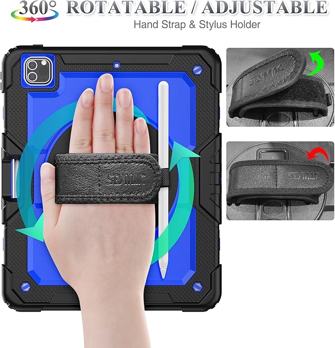 SEYMAC stock Case for iPad Pro 12.9'' 2022/2021/2020/2018 with Screen Protector 360 Rotating Stand Hand Strap, Drop-Proof Case for iPad Pro 12.9''(6th/5th/4th/3rd Generation), Blue/Black