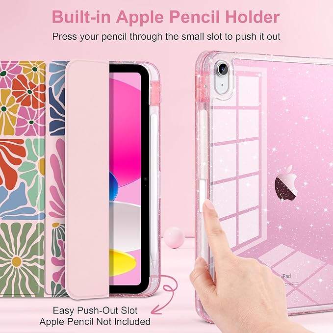DONGKE for iPad Pro 11 inch Case – Fits M5 2025 / M4 2024, Shockproof Sparkling Glitter Acrylic Back, Pencil Holder, Trifold Stand, Auto Sleep/Wake & Touch ID Support - Colorful Florals