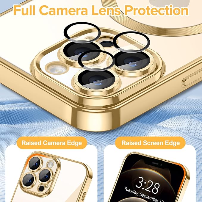 Hython Magnetic Clear for iPhone 12 Pro Max Case with Camera Lens Protector [Compatible with MagSafe] Plating Edge Slim Soft TPU Cover Protective Phone Case for iPhone 12 Pro Max 6.7", Gold