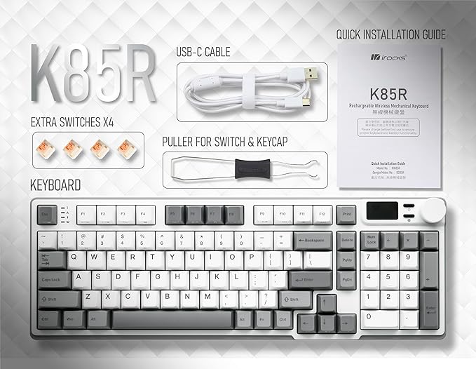 iRocks K85R Wireless RGB Backlit Mechanical Gaming Keyboard with LCD Display, Hot-Swappable Pre-lubed Brown Switches, 98 PBT Keys, USB-C Detachable Cable (ICY White, Bubble Switch)