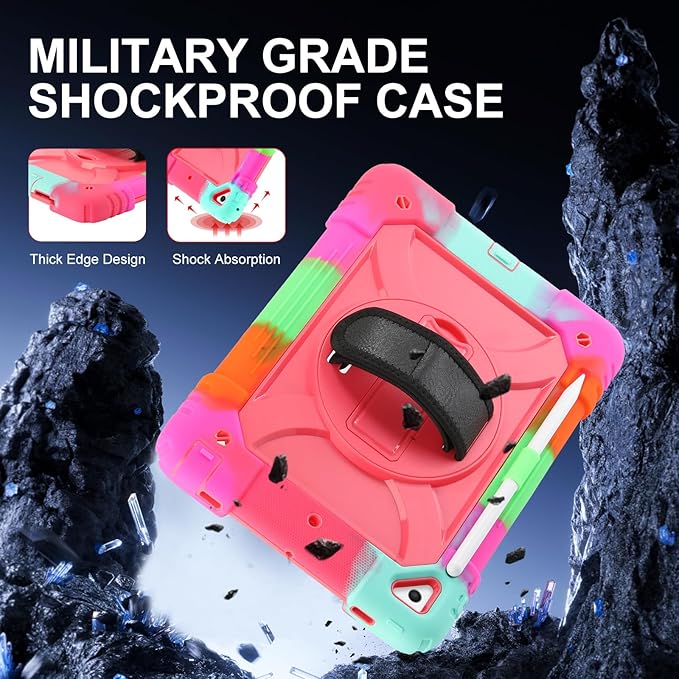 for iPad 6th Generation/iPad 5th Gen/iPad Air 2/iPad Pro 9.7" Case with Cute Key Chain, Rugged Protective Case with Rotating Stand & Shoulder Hand Strap for iPad 6th/5th/ Air 2 (Rainbow Rose)