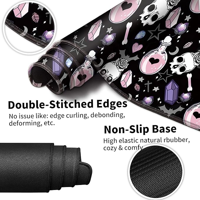 Large Gaming Mouse Pad Set 35.4 x 15.7 with Keyboard Wrist Rest, Wrist Support, and Coaster Memory Foam Smooth Desk Pad Mousepad for Home Office School - Skull Goth Magic Cute Witchy