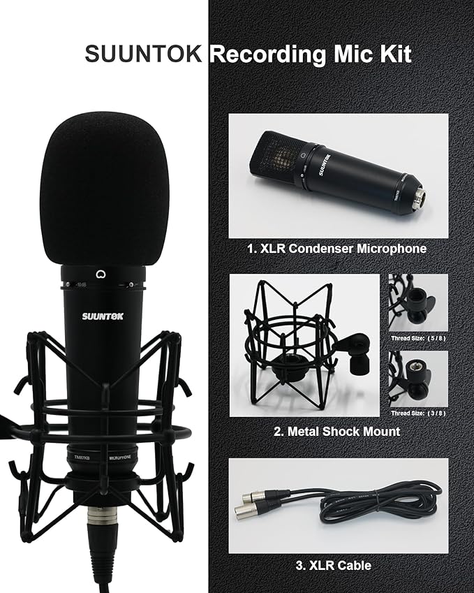 SUUNTOK XLR Microphone, Professional Condenser Microphone with 34mm Large Diaphragm, Cardioid Studio Recording Mic Computer Gaming PC TM87KB Mic Kit for Singing, Podcasting, YouTube (Black)