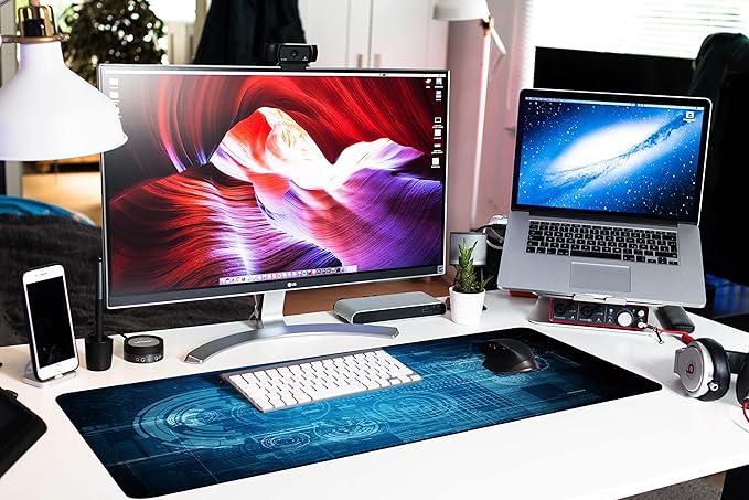Extended Large Gaming Mouse Pad Abstract Blue Futuristic Tech XXL Size Keyboard Mouse Mat Desk Pad with Non Slip Rubber Base Stitched Edges Office Decor for Women Girls Men,35.4 x 15.7inch