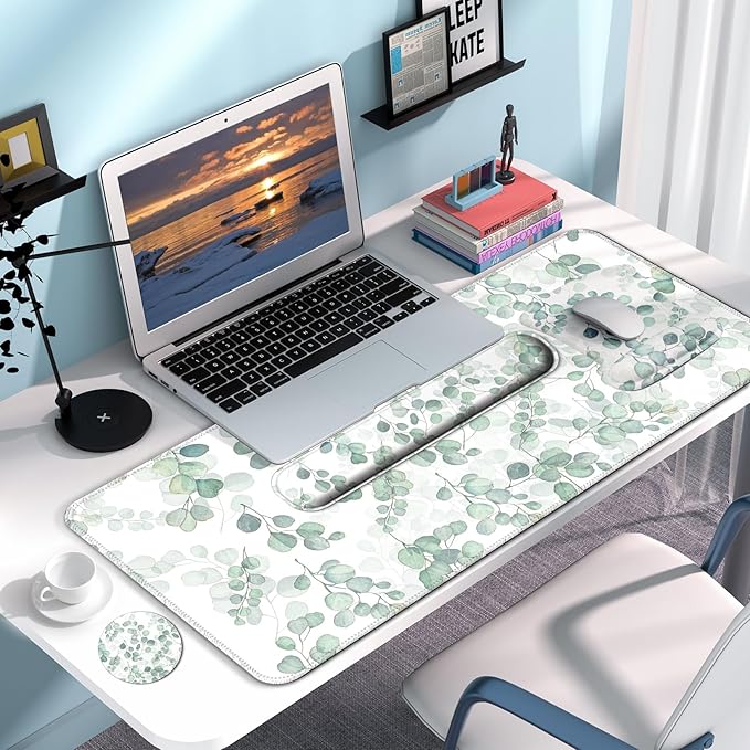 Desk Mat Set + Keyboard and Mouse Pad with Wrist Rest Support,4-in-1 Large Mousepad Computer Mats for Desktop Home & Office -Eucalyptus