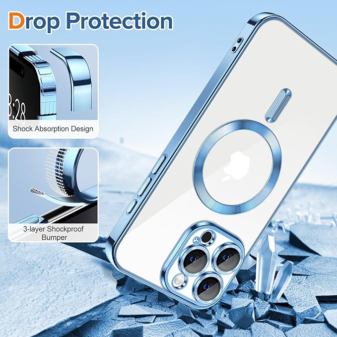 Hython Magnetic Clear for iPhone 16 Pro Max Case with Camera Lens Protector [Compatible with MagSafe] Plating Edge Slim Soft TPU Cover Protective Phone Case for iPhone 16 Pro Max 6.9", Light Blue
