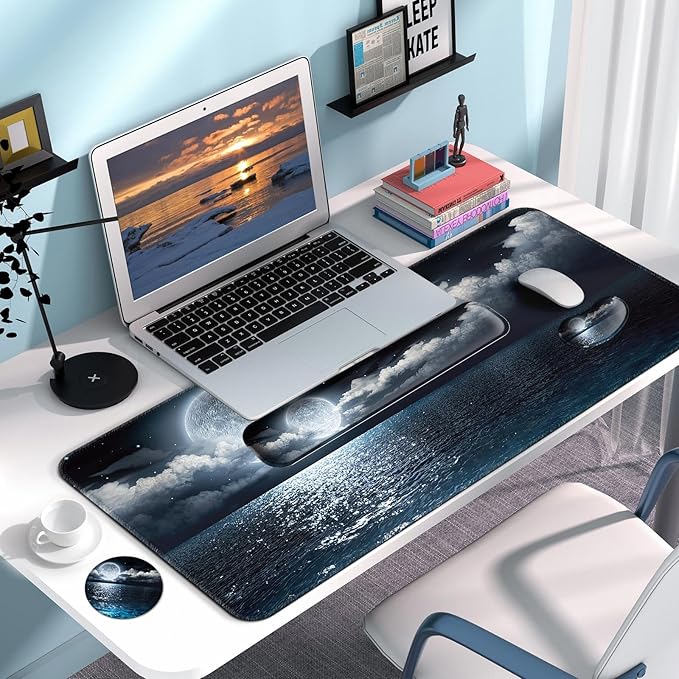 Keyboard Wrist Rest + Mouse Pad with Wrist Support + Desk Mat + Coaster 4 in 1 Set, XXL Large Gaming Mousepad Cute Ergonomic Mouse Pads for Desk Computer Laptop Office Decor-Moon Ocean