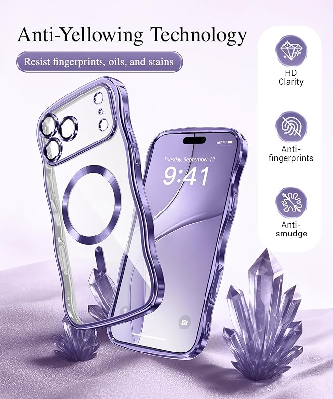 GVIEWIN for iPhone 17 Pro Case Compatible with MagSafe, Upgraded [Full Camera Protection][Cute Wave Frame][Military Grade Protection] Electroplated Hard Phone Cover for Women Girl, Clear/Purple