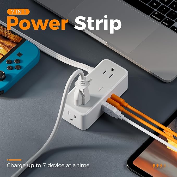 TESSAN Flat Plug Extension Cord 5 FT, Surge Protector Power Strip with 4 AC Outlets 2 USB C and 1 USB A Ports, 900 Joules Protection, Multiple Wall Outlet Extender Suitable for Office Dorm, Grey