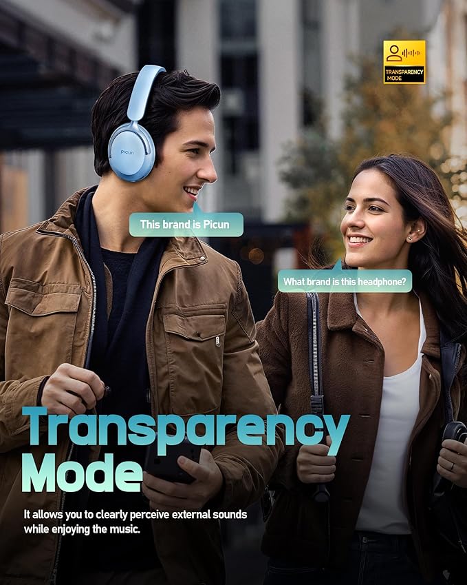 Picun NC60 Hybrid Active Noise Cancelling Headphones, Foldable Wireless Over Ear Bluetooth 5.4 Headphones, 80H Playtime, Transparency Mode, Stereo Bass, Custom EQ via App for Travel Home Lake Blue