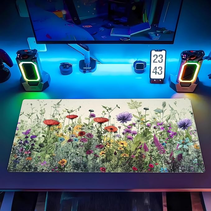 Floral Desk Pad Mat Watercolor Flowers Desk Mat XL Large Gaming Mousepad Extended Aesthetics Laptop Computer Keyboard and Mouse Pad Office Desk Decor for Women 31.5 x 15.7 in