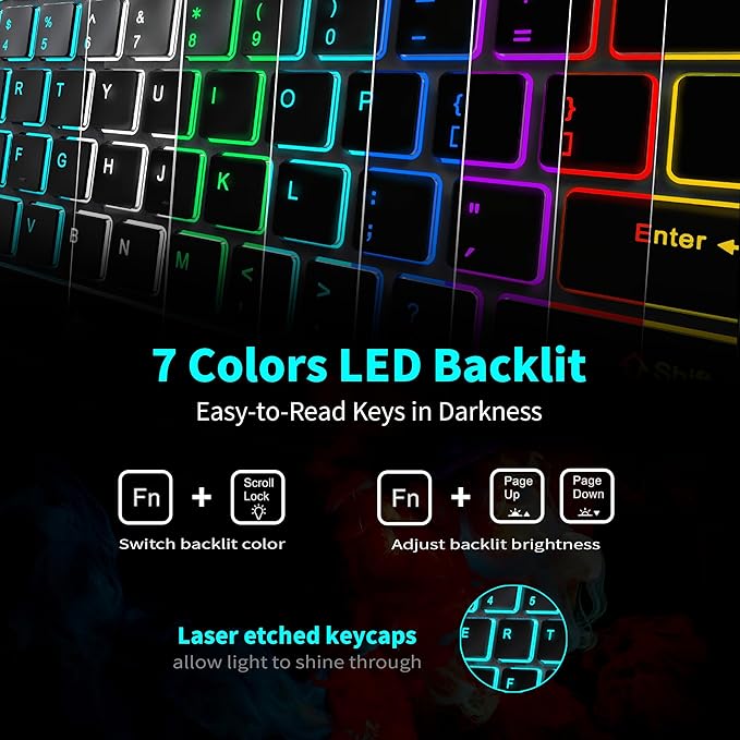 POWZAN Backlit Wireless Keyboard and Mouse Combo, Rechargeable Quiet 2.4G Cordless USB Slim Full Size for Apple iMac, MacBook, laptop and PC, Space Gray