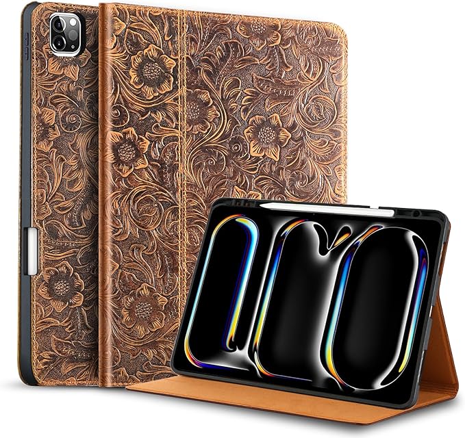Gexmil Genuine Leather Case for iPad Pro 13 Inch (M5/M4) 2025/2024 with Pencil Holder,Protective Shockproof Smart Premium Leather Folio Cover Adjustable Stand Auto Sleep/Wake Anti-Slip,Flower Brown