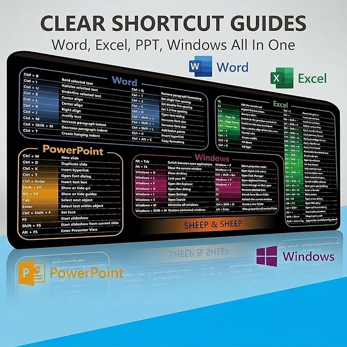 Excel Shortcut Keys Mouse Pad, Extended Large Desk Mat (31.5x11.8 Inch) with Non-Slip Base & Washable Surface for Gaming, Computer, Office Desk