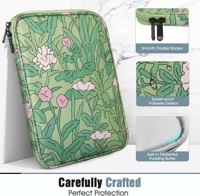 TiMOVO 8-9 Inch Tablet Sleeve Case for All-New iPad mini 7 (A17 Pro, 2024), iPad mini 6 (8.3-Inch, 2021), iPad mini 5/4/3/2/1, Portable Protective Pouch Bag for iPad mini, Green Flower