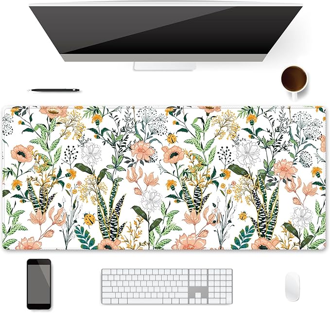 XXL Waterproof Office Desk Pad Protector 35.4x15.7 Inch - Extended Gaming Mouse Pad with Non-Slip Rubber Base, Thickened Keyboard Mat, Stitched Edges & Beautiful Floral Flowers Design