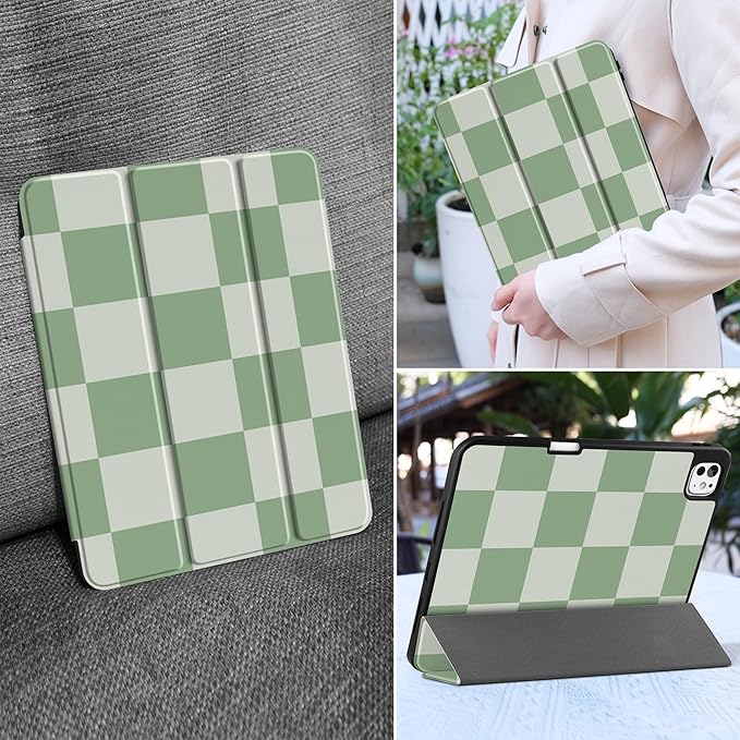 MEEgoodo Case for M5 iPad Pro 11 inch 2025/M4 iPad Pro 11 inch Case 2024, Tablet Cover with Trifold Stand & Pencil Holder & Auto Wake/Sleep & Soft TPU Back Cover, Green Checkered