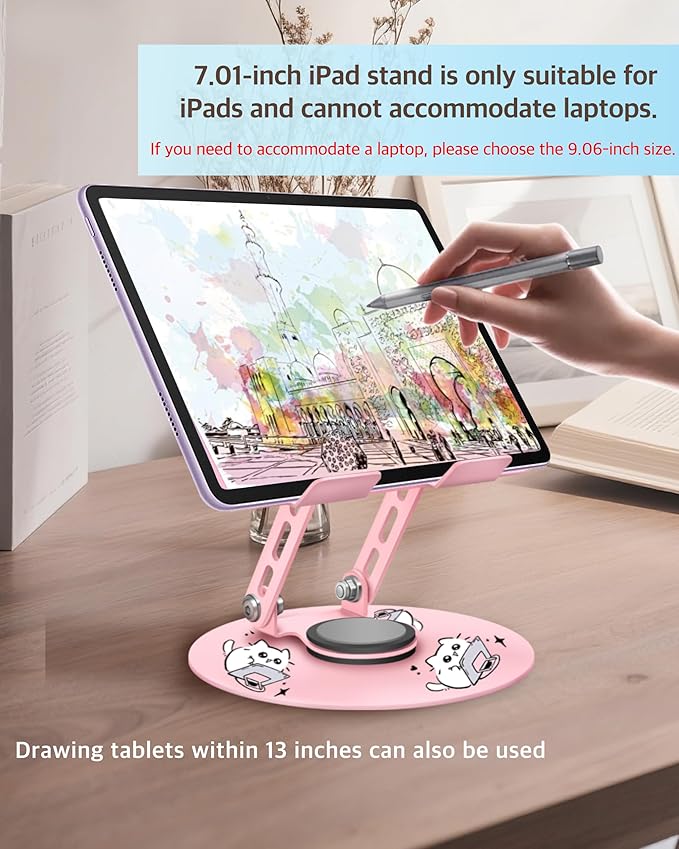 Upgraded 360°Rotating Tablet Stand with Foldable Base - Cute Cat Pattern,Universal for 7-13" Devices (iPad,iPhone,Tablet,Phone) - Ideal for Desk Work,Office,Travel,Home & Painting