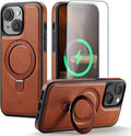for iPhone 14 Plus Case with Stand Compatible with Magsafe Slim PU Leather & Durable TPU Drop Proof Magnetic Kickstand Protective Cover with Tempered Glass Screen Protector 6.7", Brown