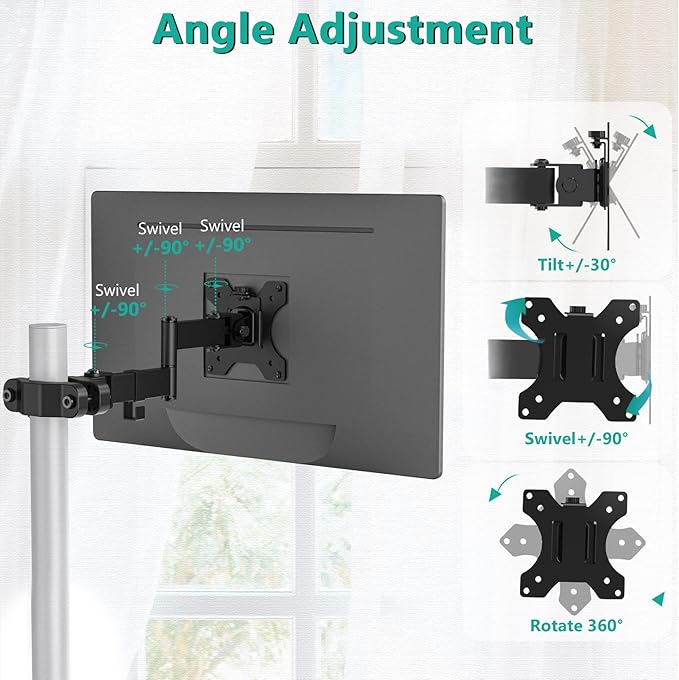 WALI Single Monitor Arm Mount for 17 to 32" Monitors, Full Motion Steel Monitor Pole Mount Bracket with Removable VESA Plate 75mm and 100mm, Vesa Mount for Outdoor, Gazebo, RVs (011ARM), Black