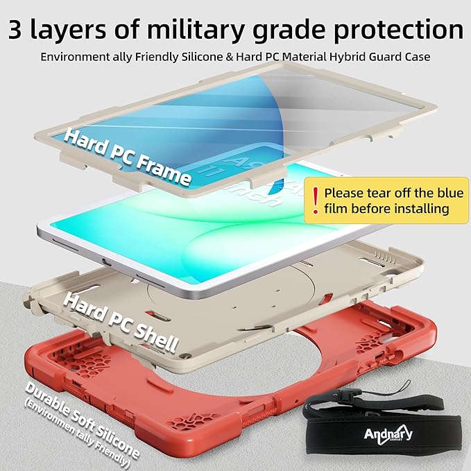 Andnary Case for Samsung Galaxy Tab A11+ Plus/A9+ 11 Inch 2025/2023, Tablet Case for Samsung Galaxy A9 Plus/A11+ with Screen Protector/360° Rotating Stand/Pen Holder/Shoulder Strap (Orange)