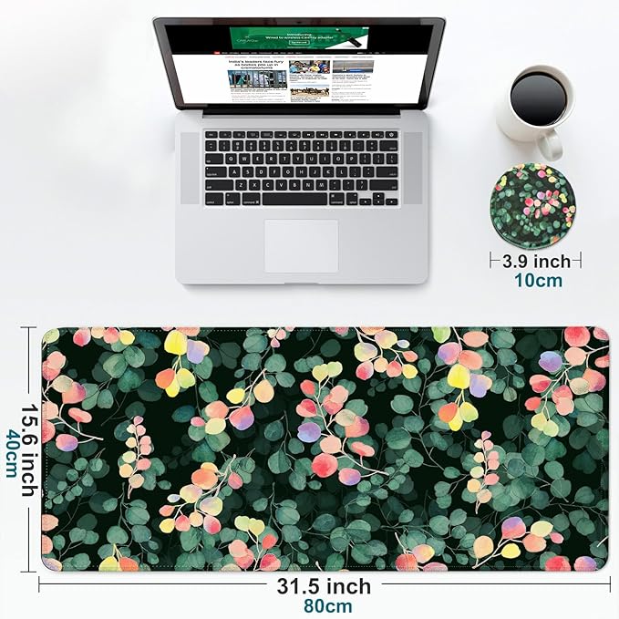 Large Gaming Mouse Pad with Coaster, Desk Matt for Desktop, Desk Pad, Mouse Pads Mat, Stitched Edges Big Extended Mousepad for Computer Keyboard Laptop Office Decor, 31.5'' x15.6''-Eucalyptus