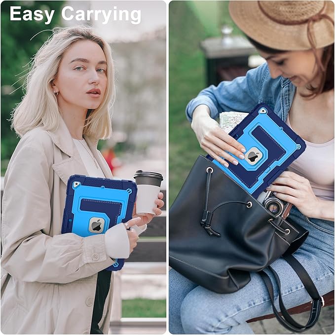 Kids Friendly Case for Apple iPad 10.2" 9th 8th 7th Generation 2021/2020/2019 Case with Pencil Holder & Shoulder Strap, Military Grade Shockproof Kickstand Hard Shell Protective Cover,Blue