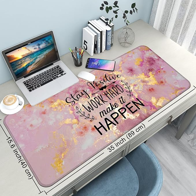 Desk Mat,Large Mouse Pad 35''×15.6'' XXL Extended Gaming Mouse Pad Mat with Non-Slip Base Stitched Eges Mousepad for Computer,Office,Keyboard and Laptop -Stay Positive