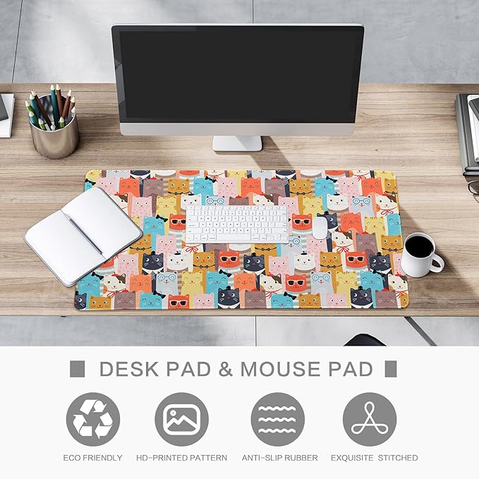 Large Mouse Pad Gaming, Desk Mat for Desktop, Cute Funny Cat Non-Slip Big Mousepad Desk Pad, 31.5" x 15.7"