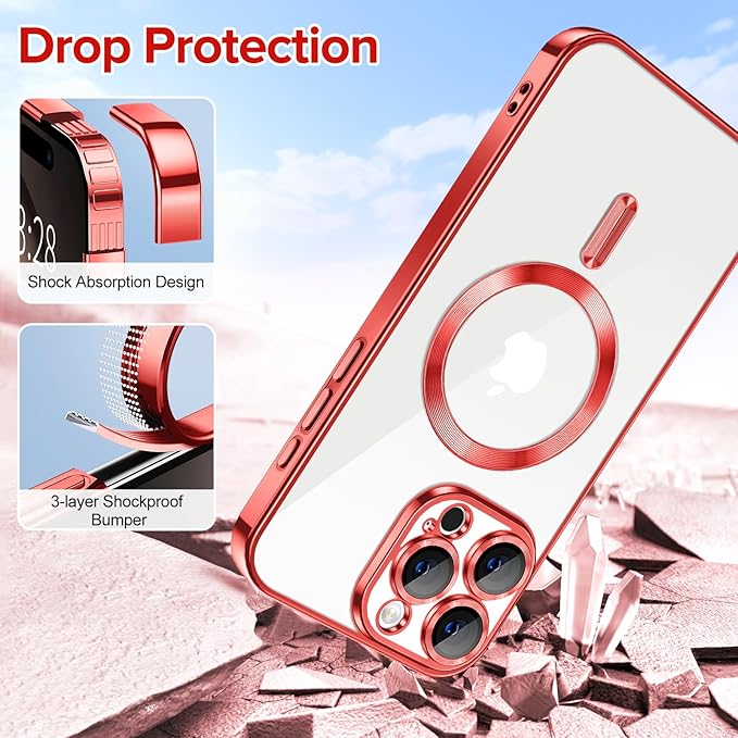 Hython Magnetic Clear for iPhone 16 Pro Max Case with Camera Lens Protector [Compatible with MagSafe] Plating Edge Slim Soft TPU Cover Protective Phone Case for iPhone 16 Pro Max 6.9", Red