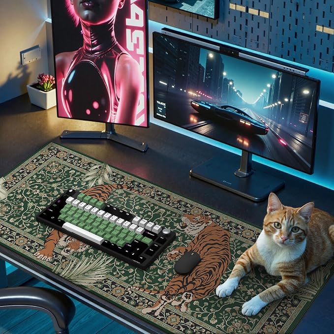Desk Pad Mat, Stitched Edges Cute Desk Mat, Non-Slip Tiger Desk Mat Gaming, Smooth Green Mouse Pad, Soft Desk Cushion for Office Home 35.4 x 15.7 Inches (Green)