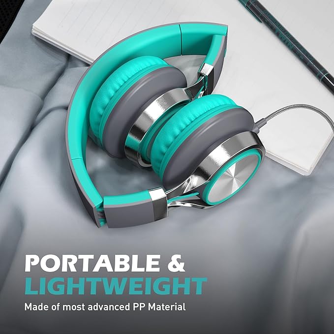 AILIHEN C8 Wired Headphones with Mic and Volume Control - Noise Isolating On-Ear Headphones, Folding Lightweight Corded 3.5mm Headset for Cellphones Tablets Chromebook Laptop Computer (Grey/Mint)