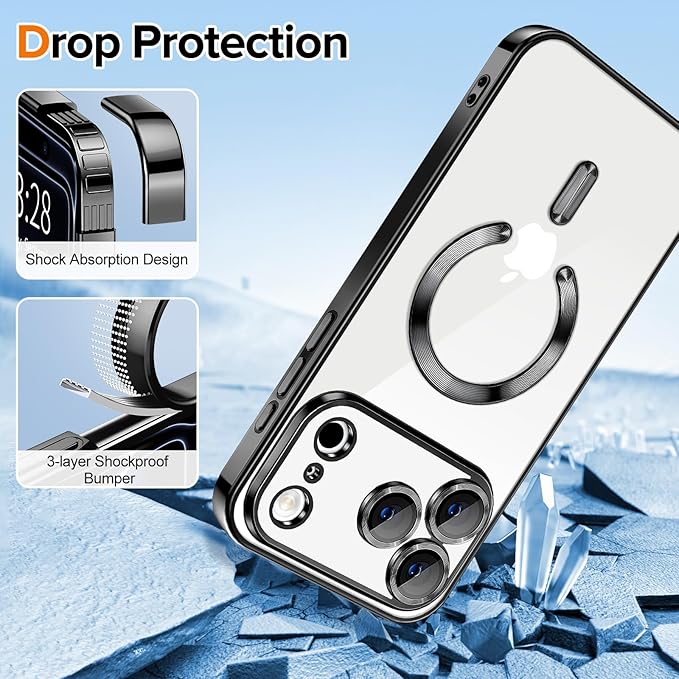 Hython Magnetic Clear for iPhone 17 Pro Max Case with Camera Lens Protector [Compatible with MagSafe] Plating Edge Slim Soft TPU Cover Protective Phone Case for iPhone 17 Pro Max 6.9", Black