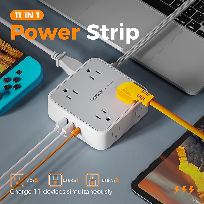 TESSAN Surge Protector Power Strip, 5 Ft Flat Plug Extension Cord with 3 USB (1 USB C) 8 Outlets, 1250W, 900J Protection, 3 Sided Outlet Extender with Ring Plug for Office, Dorm Room, Grey