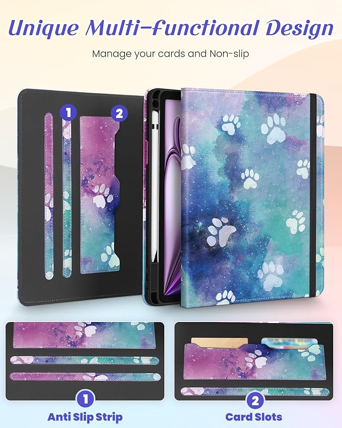 Kidcube for iPad Air 13 Inch Case (M3/M2)/for iPad Pro 12.9 Cases 6th/5th (2022/2021) - Women Girls Cute Rotating Stand Folio Cover with Pencil Holder & Card Slot Design Kawaii Cartoon Cool Dog Cover