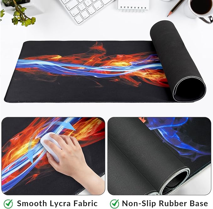 Large Gaming Mouse Pad with Coaster, Desk Matt for Desktop, Desk Pad, Mouse Pads Mat, Stitched Edges Big Extended Mousepad for Computer Keyboard Laptop Office Decor, 31.5'' x15.6''-Ice and Fire