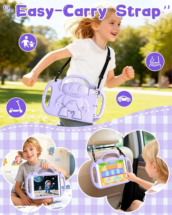 Kids Case for iPad 9th/8th/7th Generation (10.2 inch,2021/2020/2019), Kids Case for iPad Air 3rd Gen 10.5"/Pro 10.5, Durable Shockproof Cover with Shoulder Strap/Handle/Kickstand, Light Purple